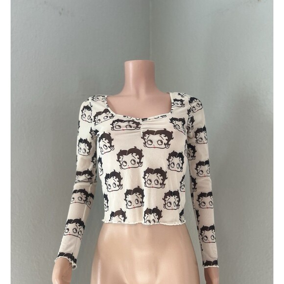 Betty Boop Cartoon Face Logo Mesh MD Long sleeve T hirt Crop Top stretc Y2K #29 - Picture 1 of 11